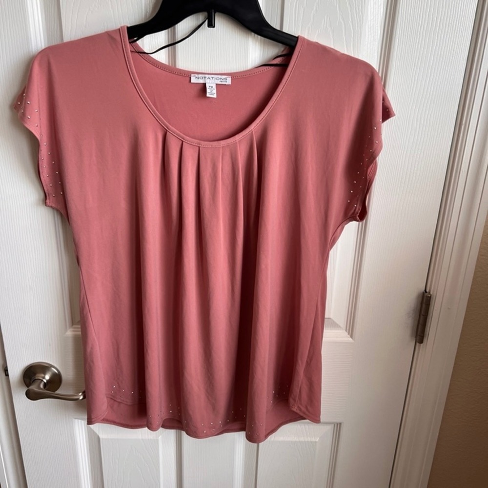 Notations Studded Top Pleated Front Short Sleeve Casual Blouse Size‎ PM